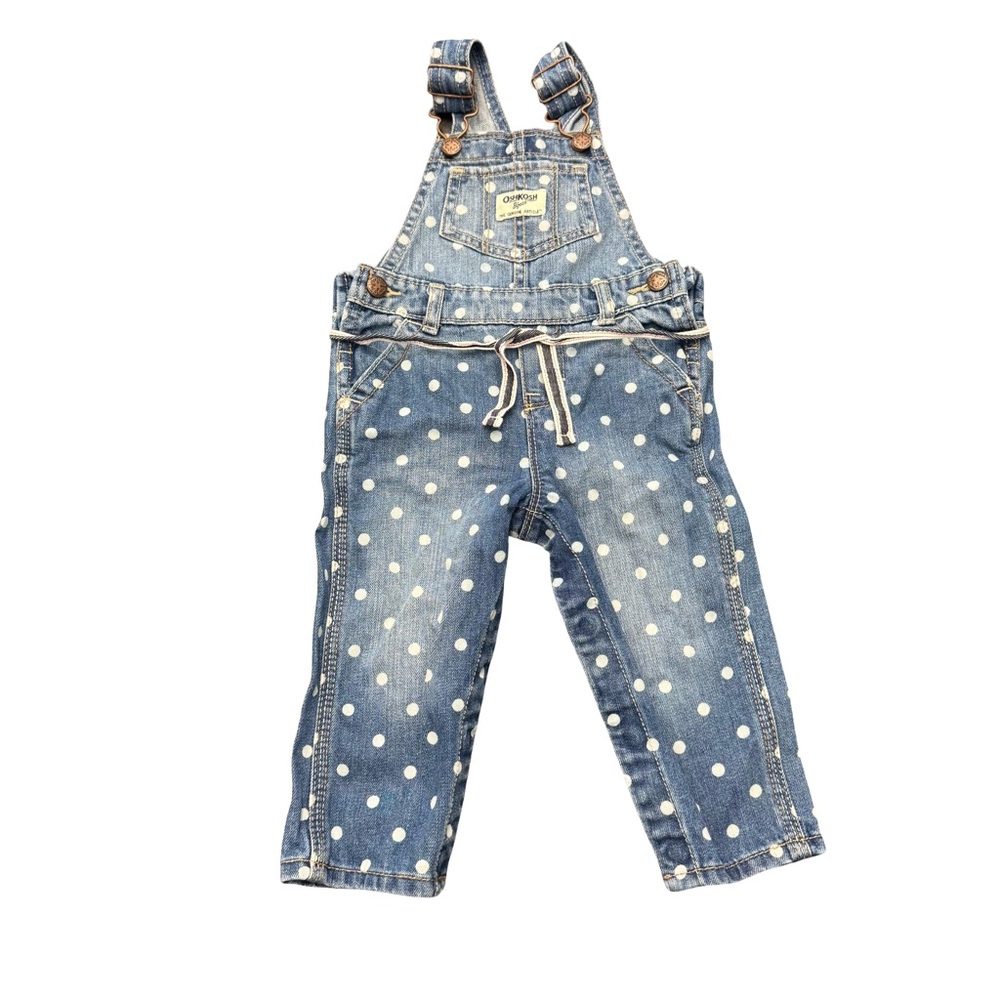 OshKosh B’gosh Blue Polka Dot Denim Overalls Baby 12M Toddler Outfit New